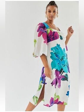 Maeve X Anthropologie Watercolor Balloon Sleeve High Slit MIDI Dress NEW 18W